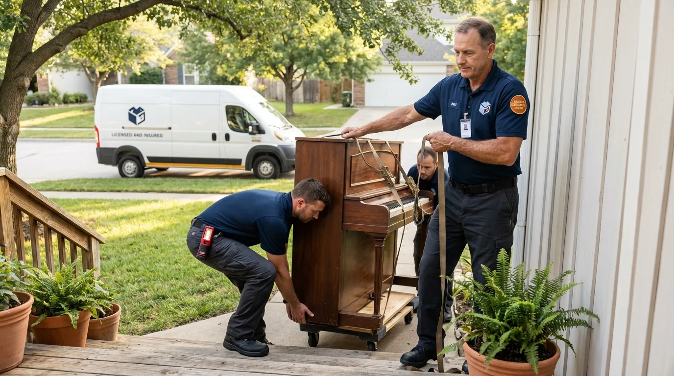 Licensed piano movers securing grand piano in Newburgh, NY