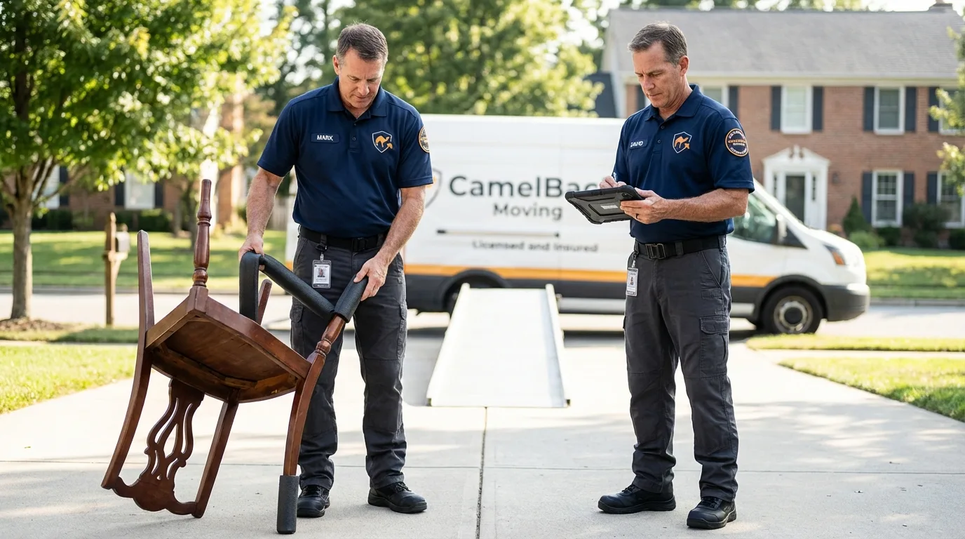 Movers inspecting furniture for damage prevention before loading in Newburgh, NY